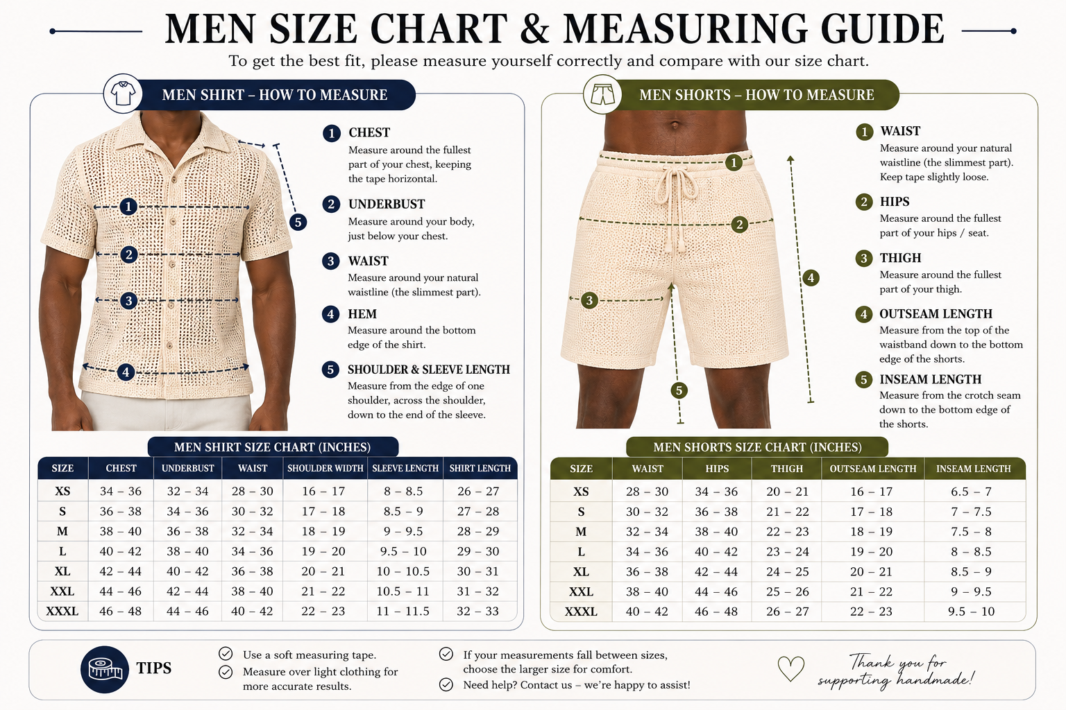 Size guide for men's clothing.