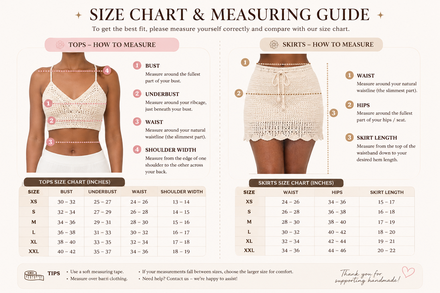 Size chart for tops and skirts.